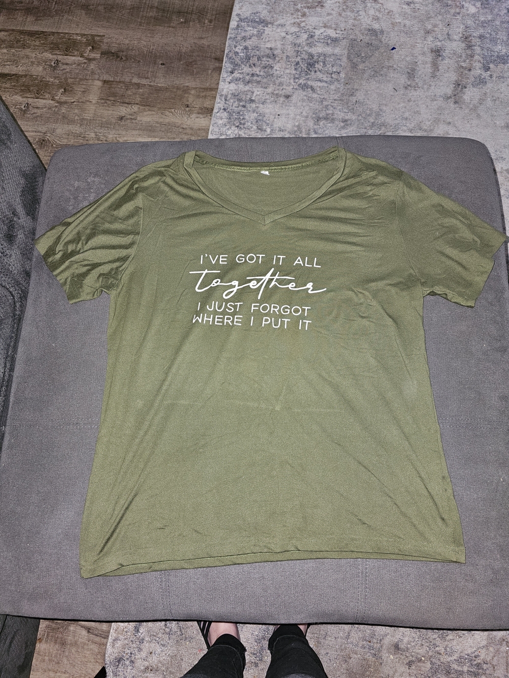 Olive Green Short Sleeve V-Neck Tee with Slogan